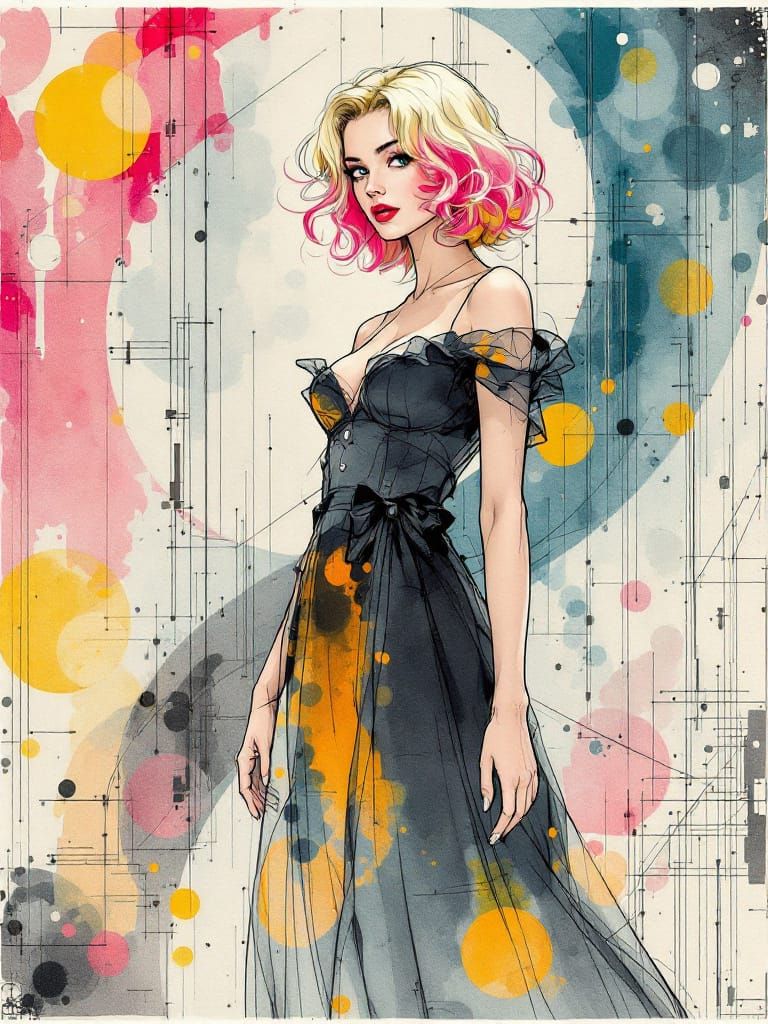 Pin-Up Woman with Pink-Tipped Hair in Blueprint Style