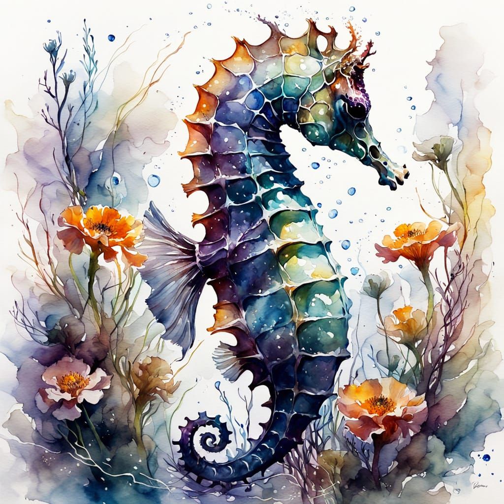 Seahorse Amidst Glowing Anemones Watercolor Painting