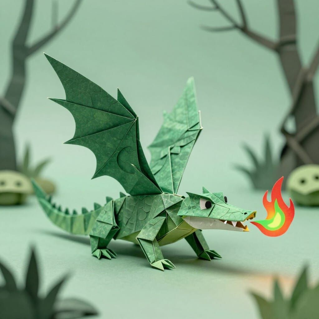 Origami Dragon Crocodile Spewing Red and Green Flames