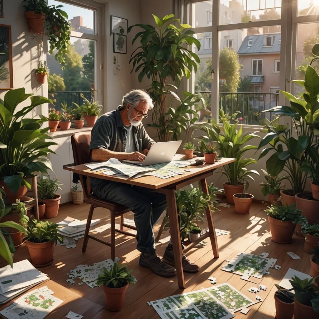 Boomer Analyst Working from Home Office Balcony