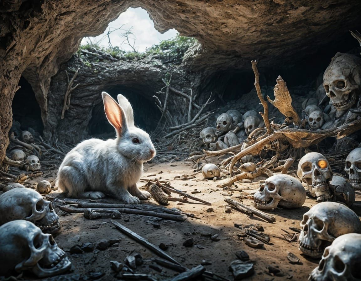 Menacing Albino Rabbit Among Skeletal Remains