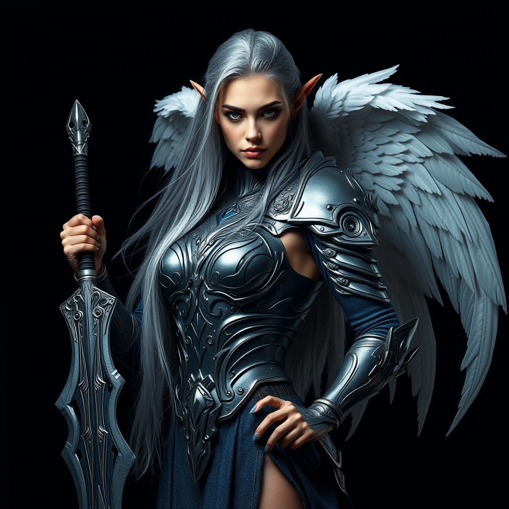 Ethereal Warrior with Elven Heritage and Futuristic Armor