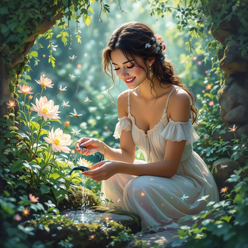 Ethereal Garden: Woman and Bioluminescent Dragonflies