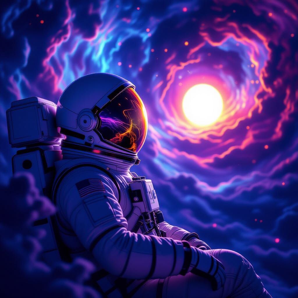 Astronaut Adrift in Cosmic Nebula, Helmet Reflecting Alien S...