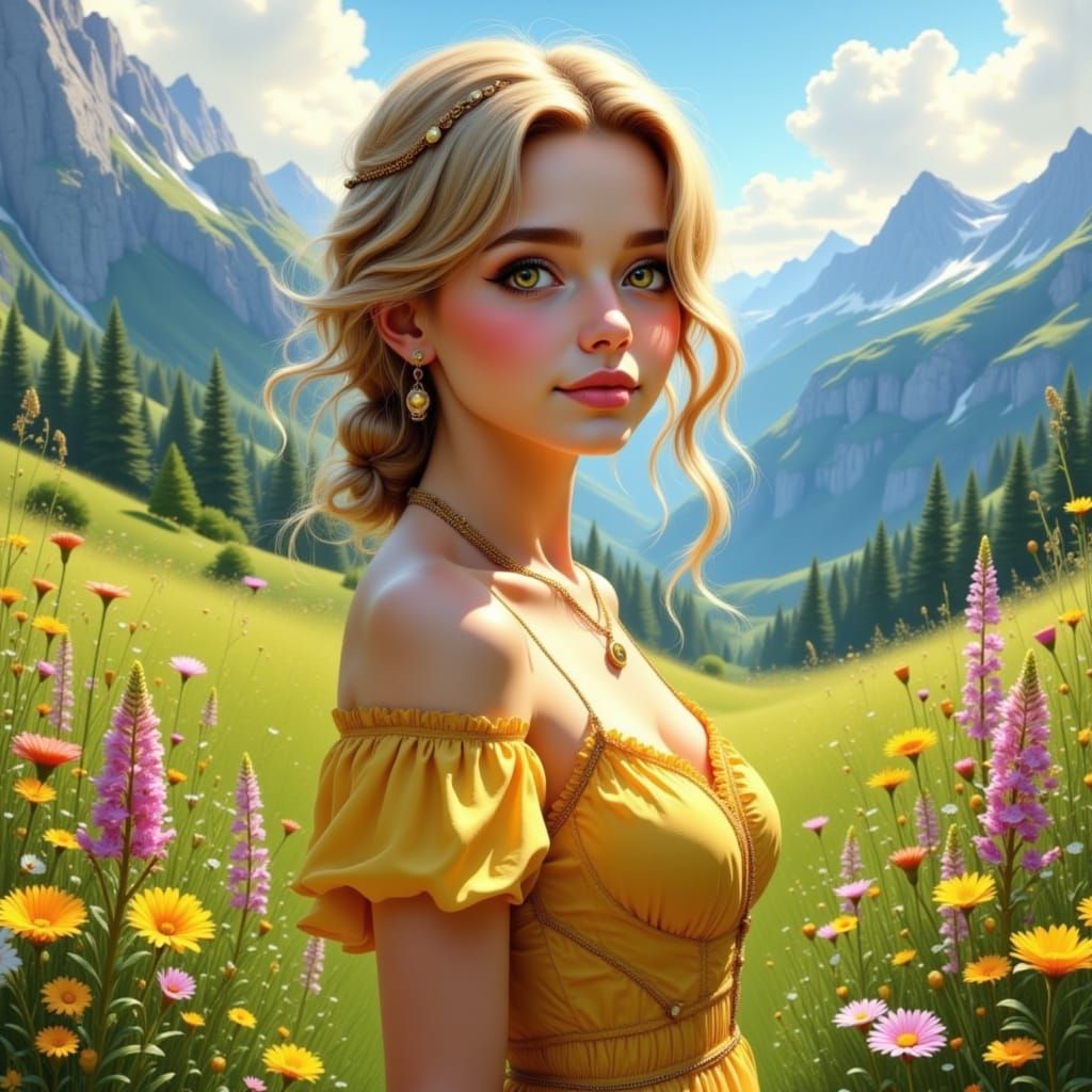 Serenely Standing Young Woman in a Vibrant Mountain Meadow