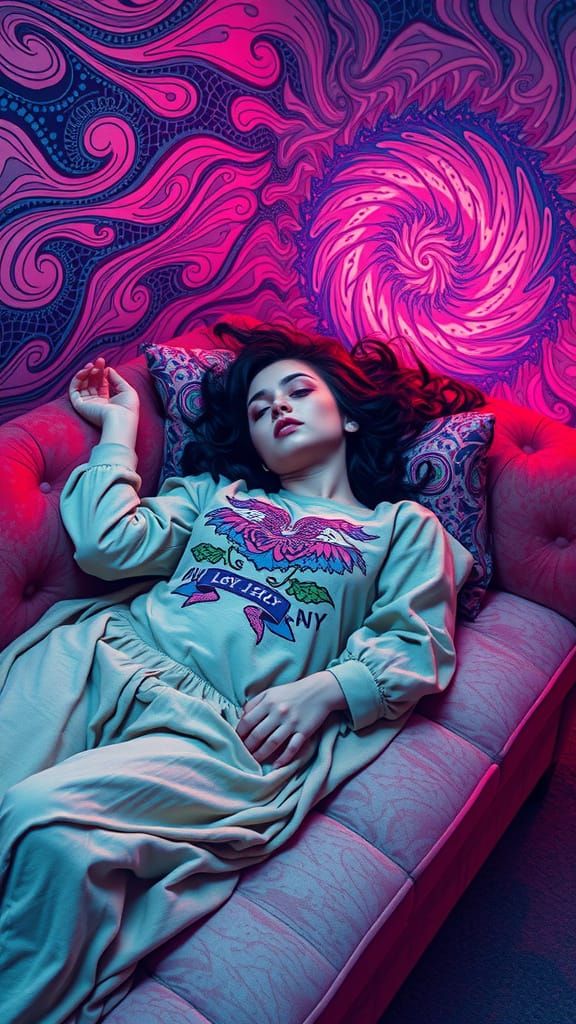 Fatigued Woman in a Dreamlike Landscape of Discomfort