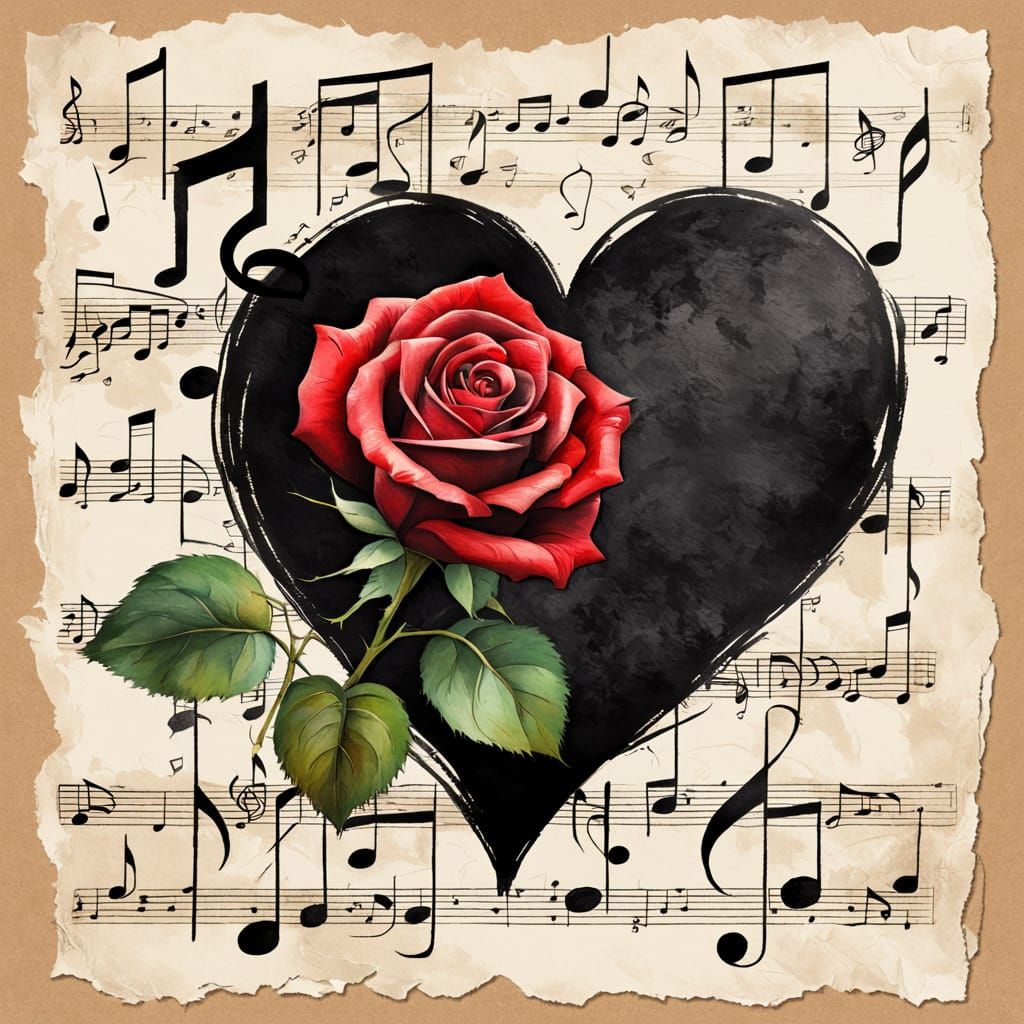 Red Rose with Black Heart in Modern Ink Painting