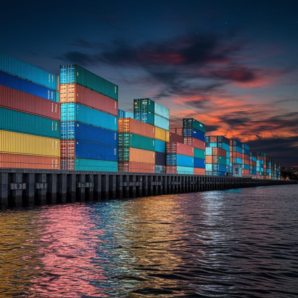 Shipping Container Cityscape by Ocean at Night