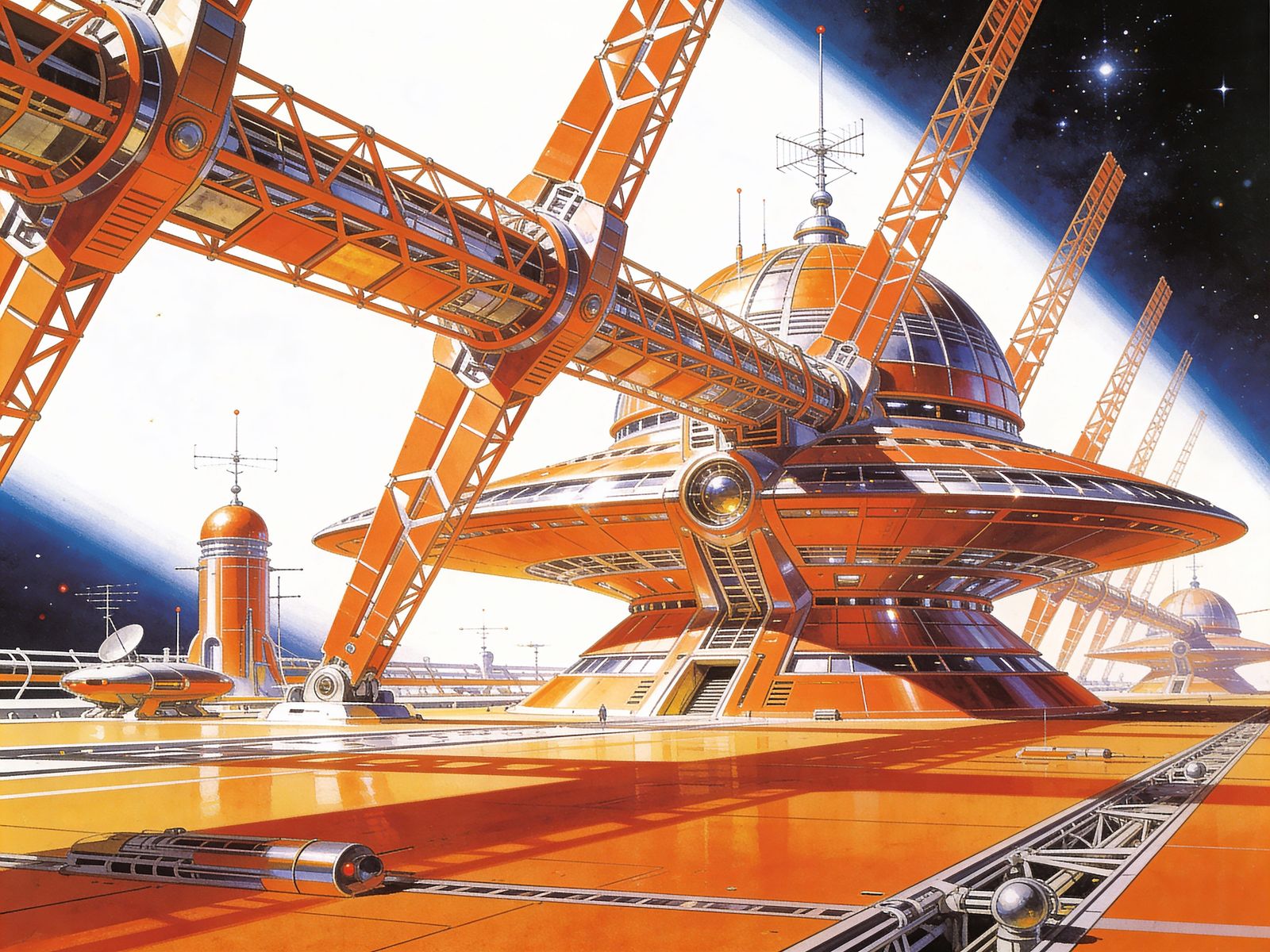 Grand Orange Retrofuturistic Space Station in Chrome
