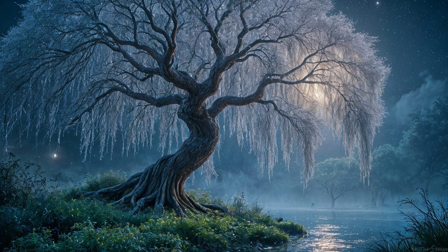 Ethereal Weeping Willow Tree in Celestial Grove