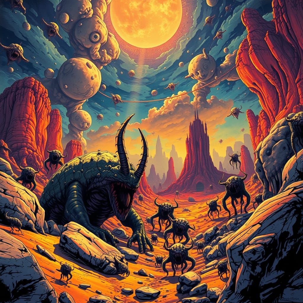 Vibrant Surreal Landscape with Fantastical Creatures