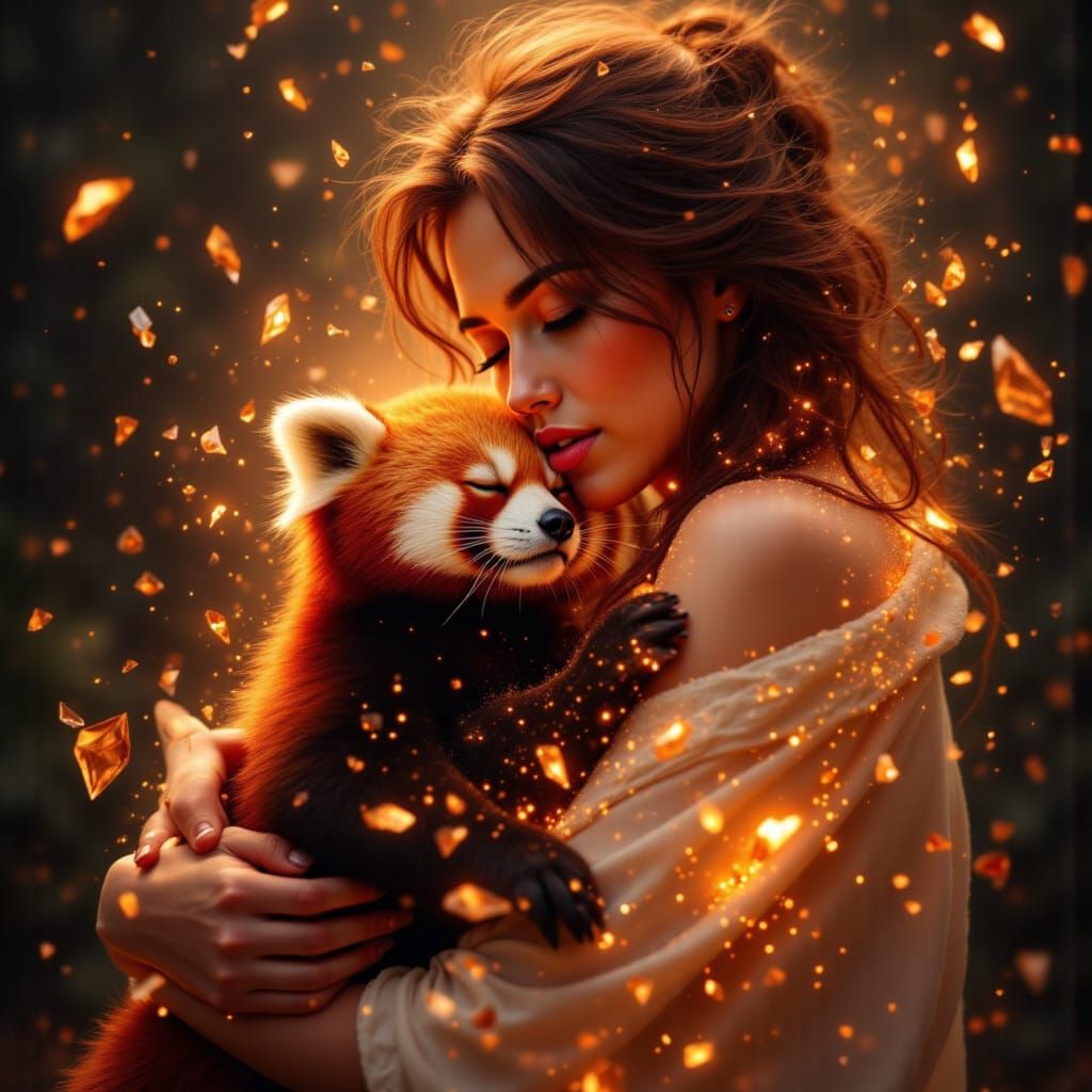 Woman and Red Panda in Crystalline Dreamscape