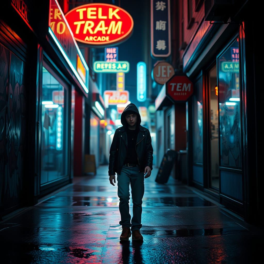 Neon Alley Runaway: Cinematic Film Still