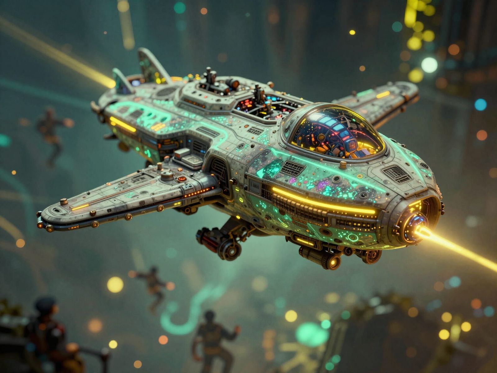 Solarpunk Spaceship War Battle in Whimsical Art Style