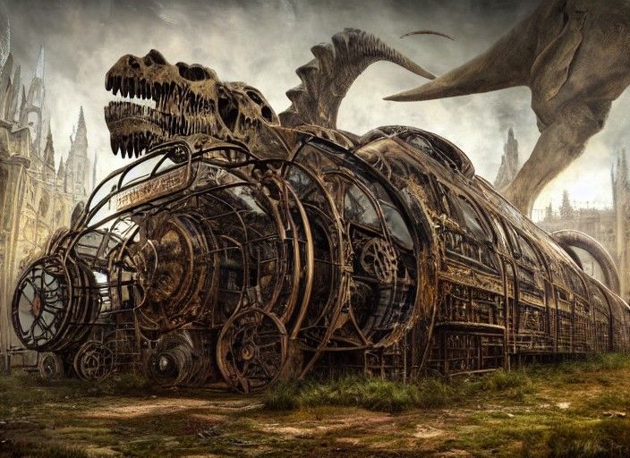 Steampunk Locomotive in Dinosaur Cathedral Ruins