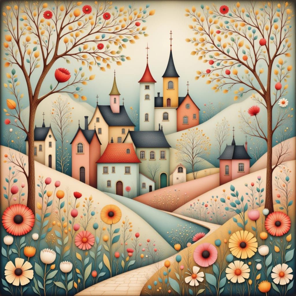 Art Nouveau Village in Pastel Colors