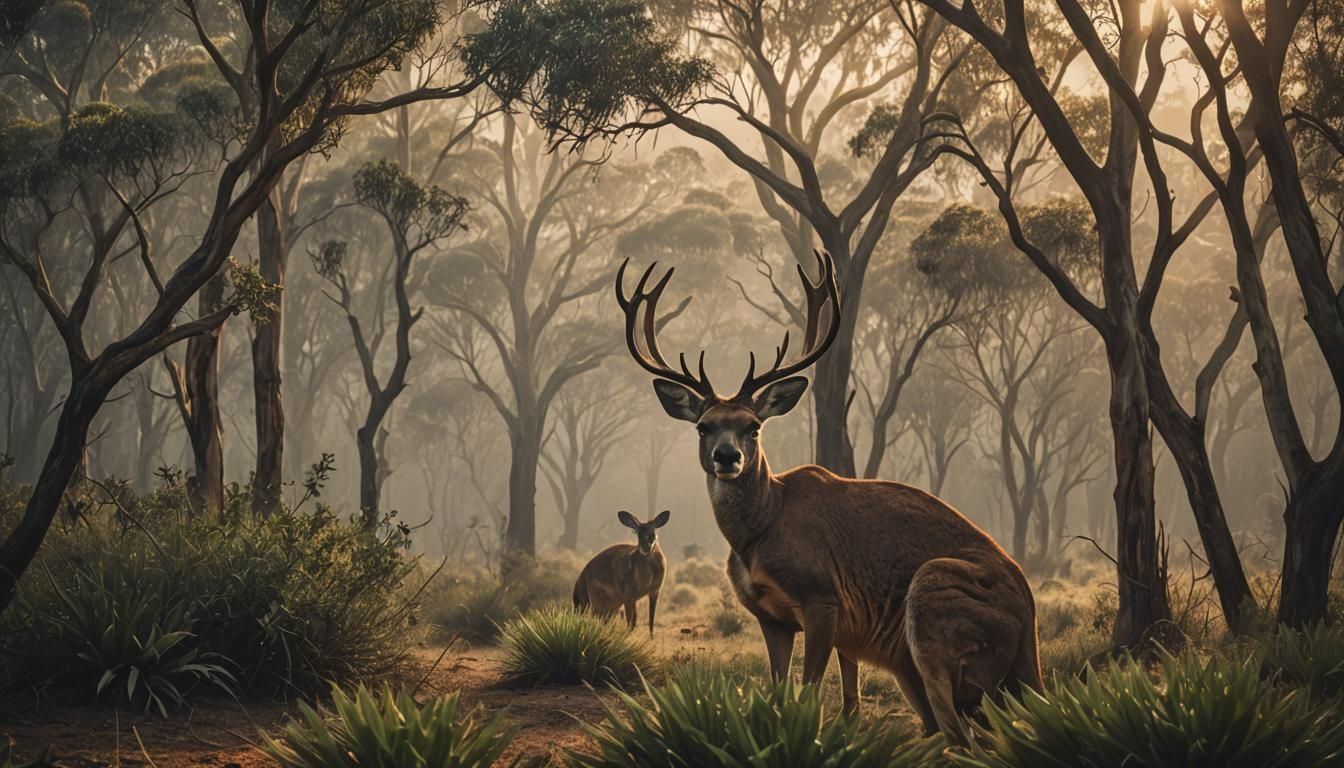 Aborigine and Antlered Kangaroo in Australia