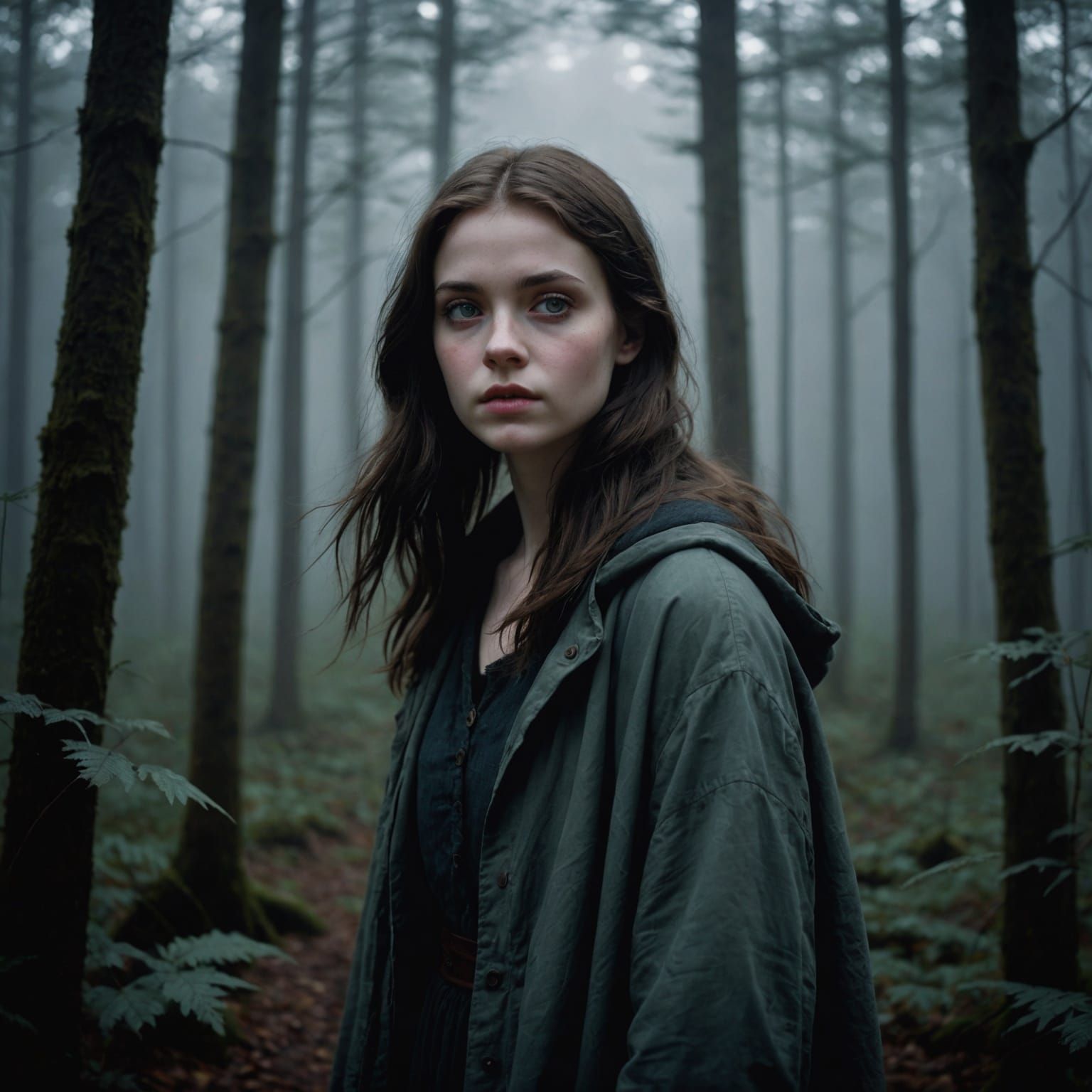 Ethereal Woman in Twilight Forest Portrait