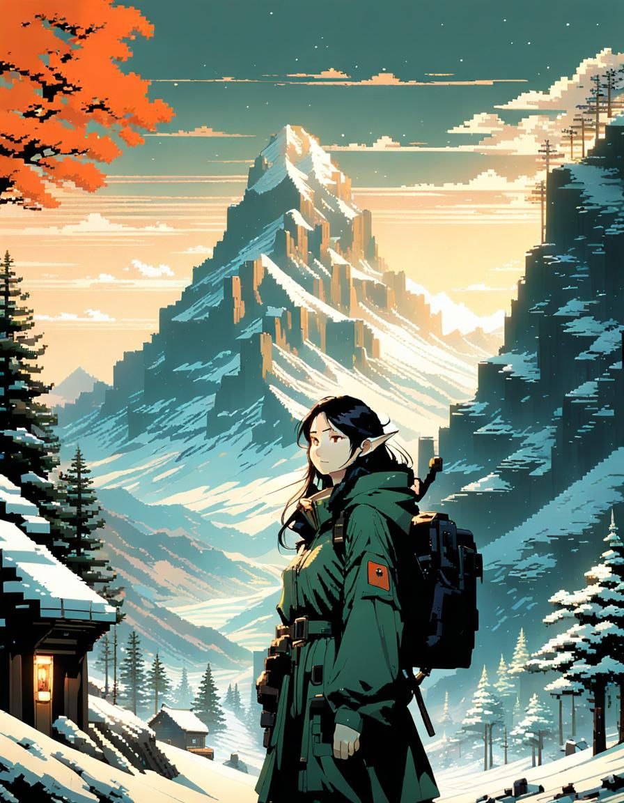Pixel Art Elf in Winter Mountainscape