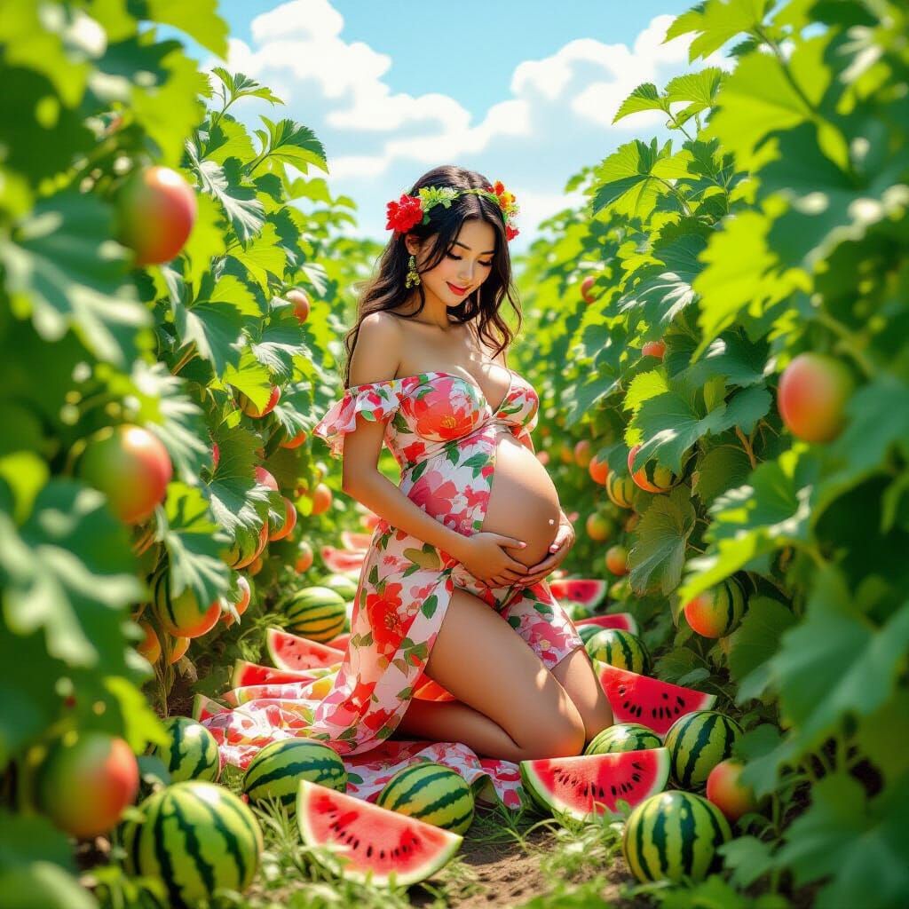 Pregnant Woman in Watermelon Field, Dreamy Futuristic Art