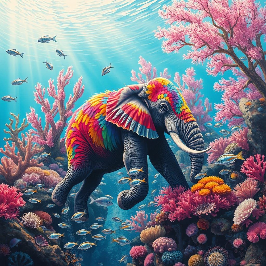 Rainbow Feathered Elephant in Coral Reef, Polychromatic Art