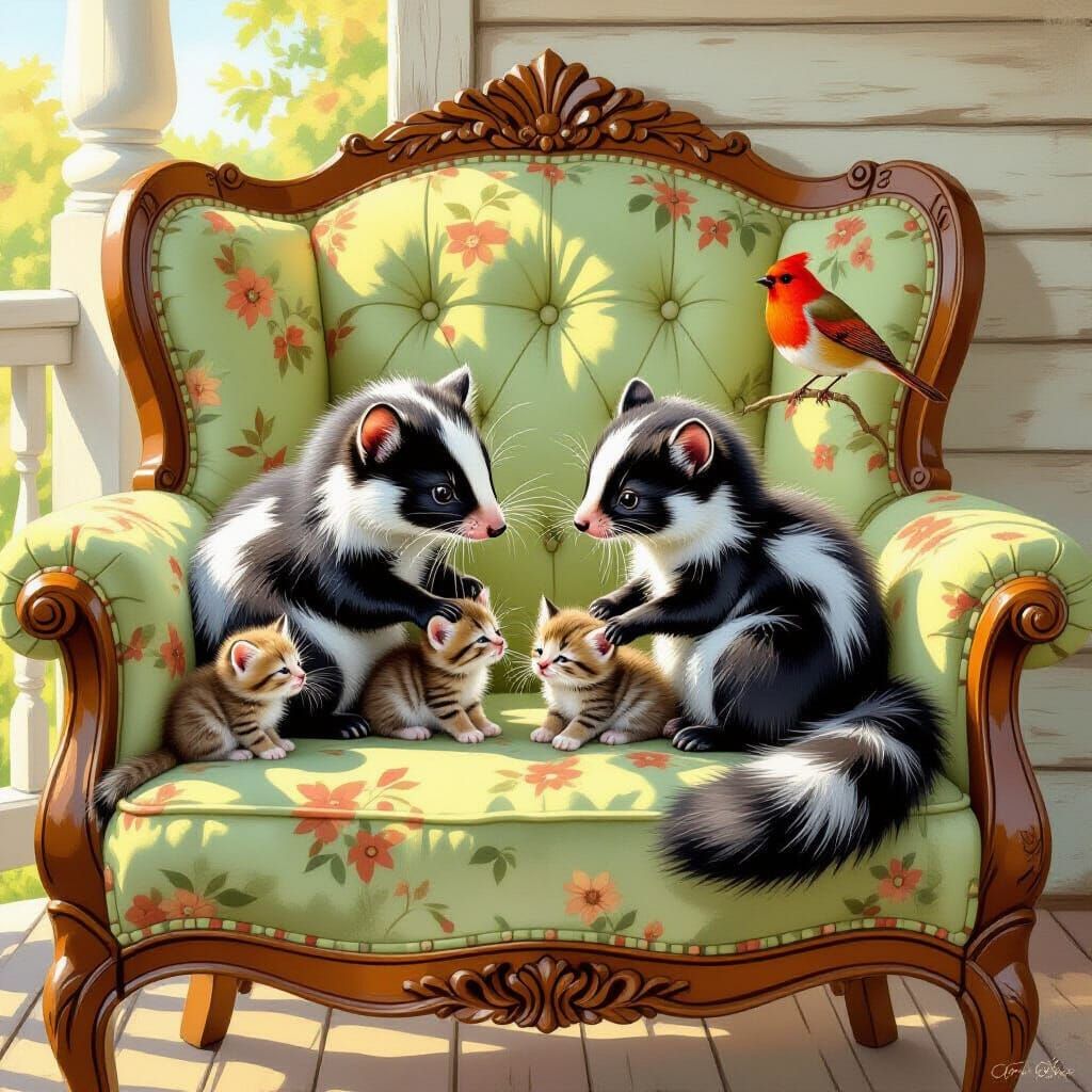 Skunk Mother and Kittens in Romantic Realism