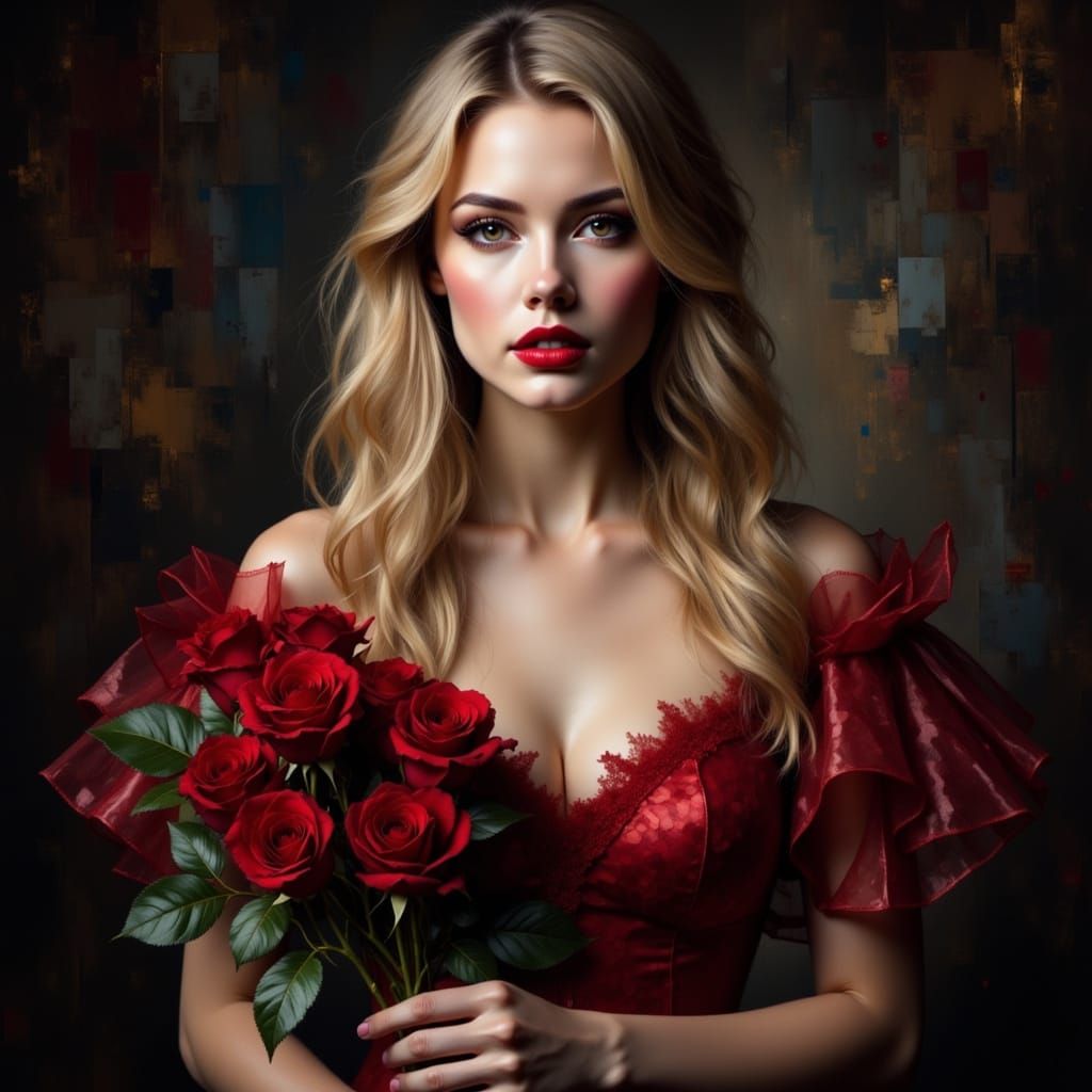 Blonde Girl with Roses Portrait
