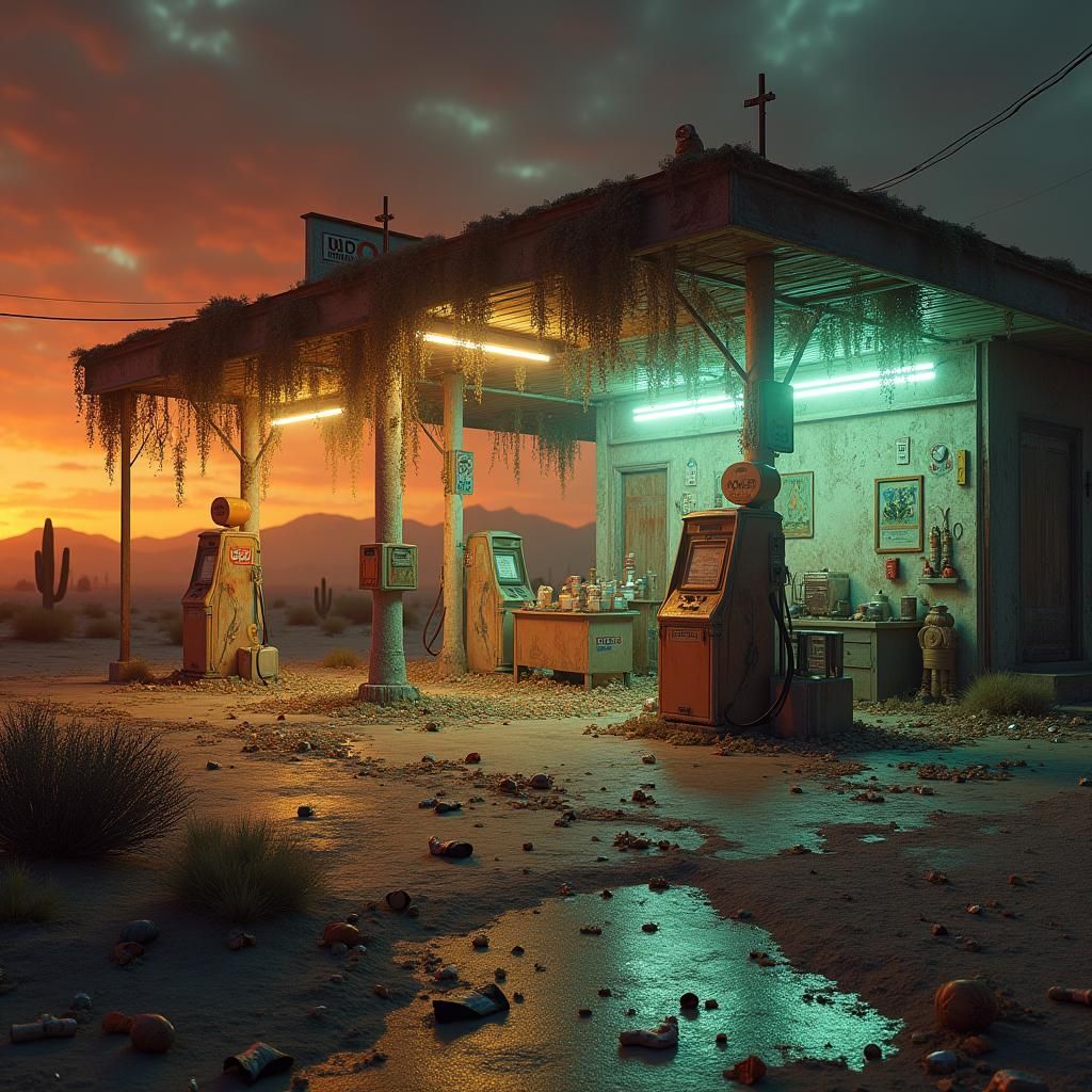 Surreal Gas Station with Sentient Trash in Desert Twilight