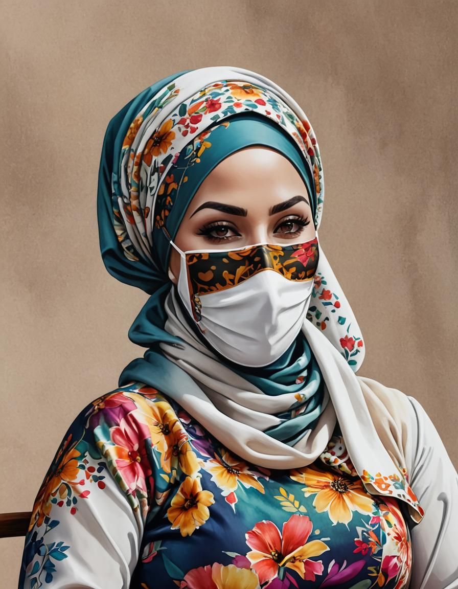 Charming Hijabi Woman in Facemask, Pop Art Style