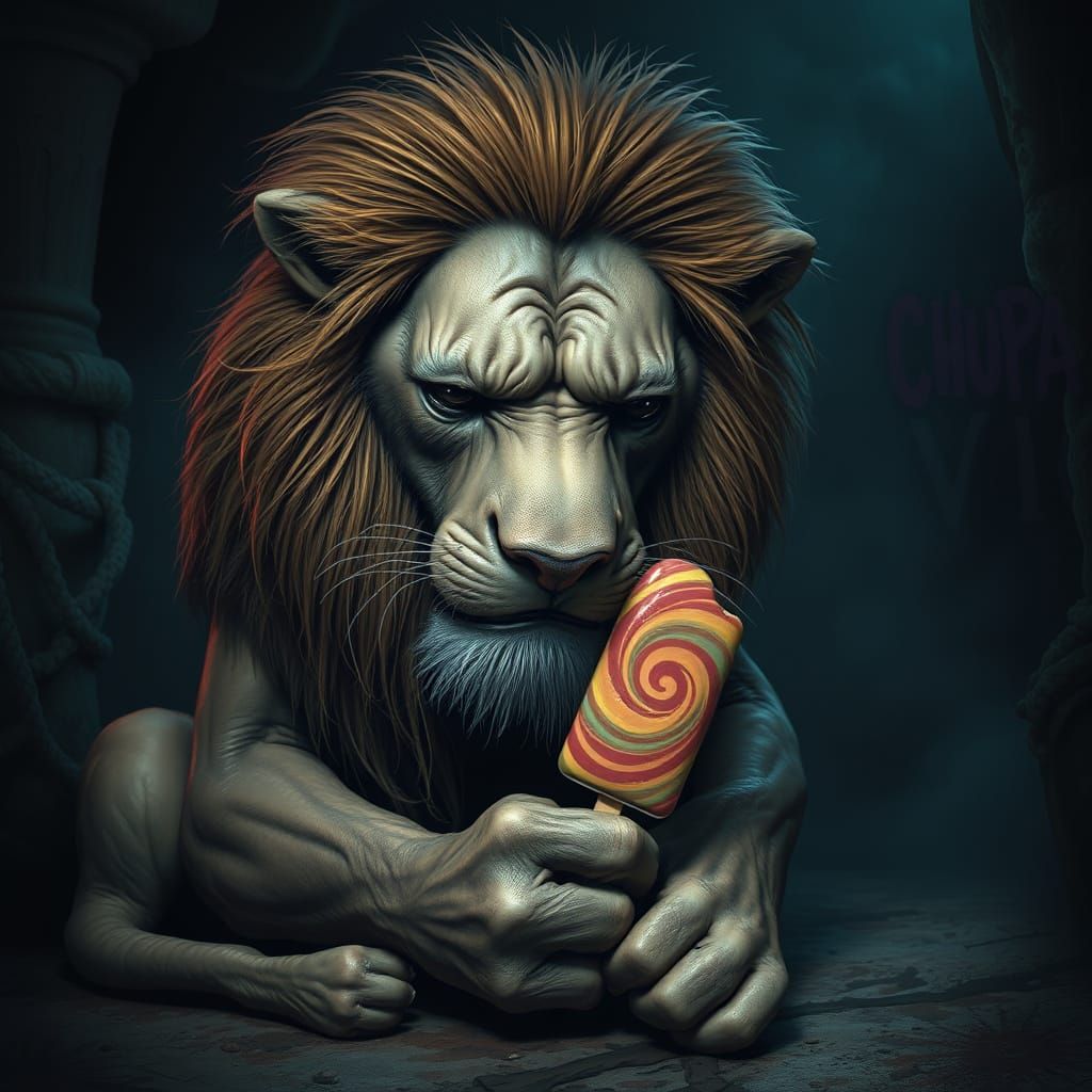 Draw a comic weeping old, squalid and weak lion crying. The ...