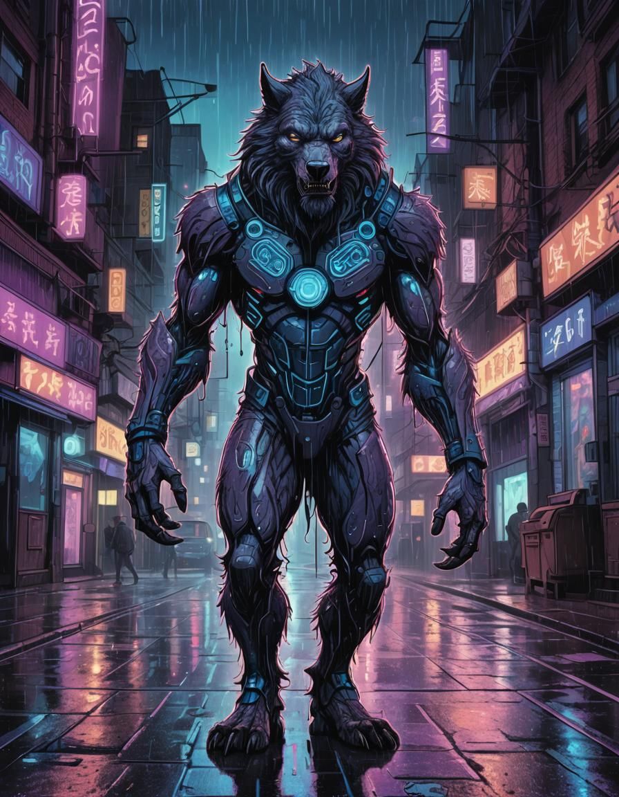 Cyborg Werewolf in Rainy City, Bilibin-Inspired