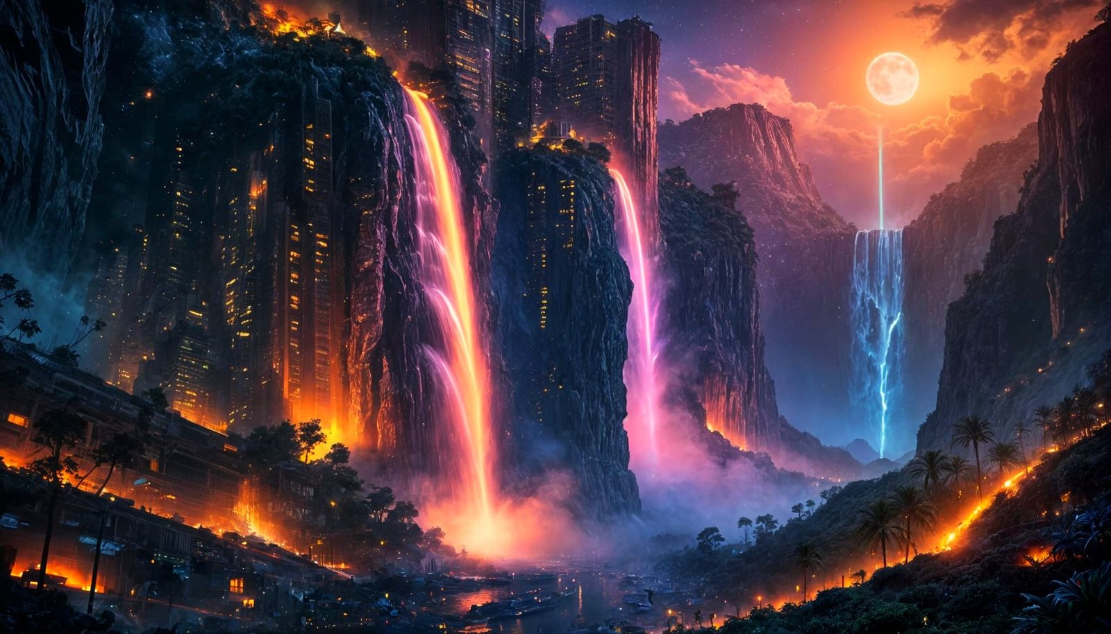 Glowing Waterfall in Cyberpunk City, Sfumato Style