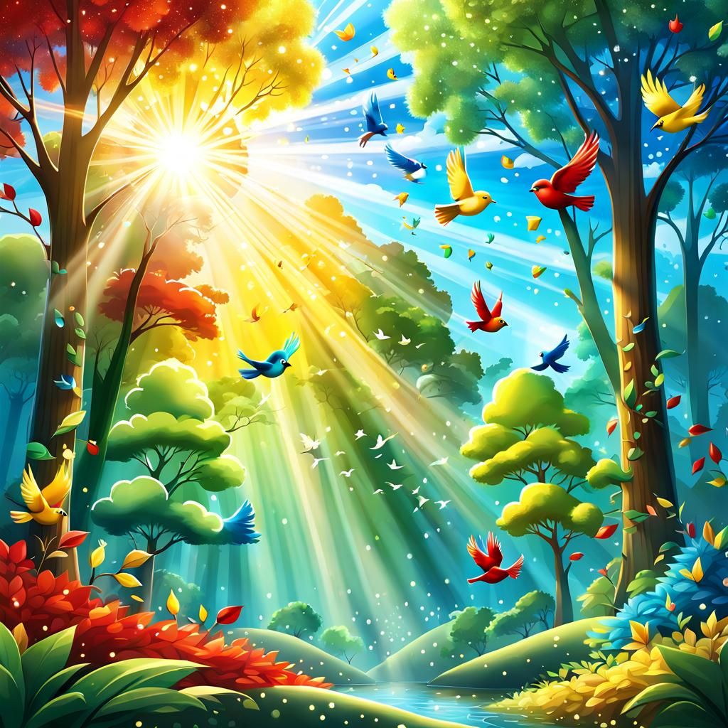 Colorful Chibi Birds in a Sunny Forest