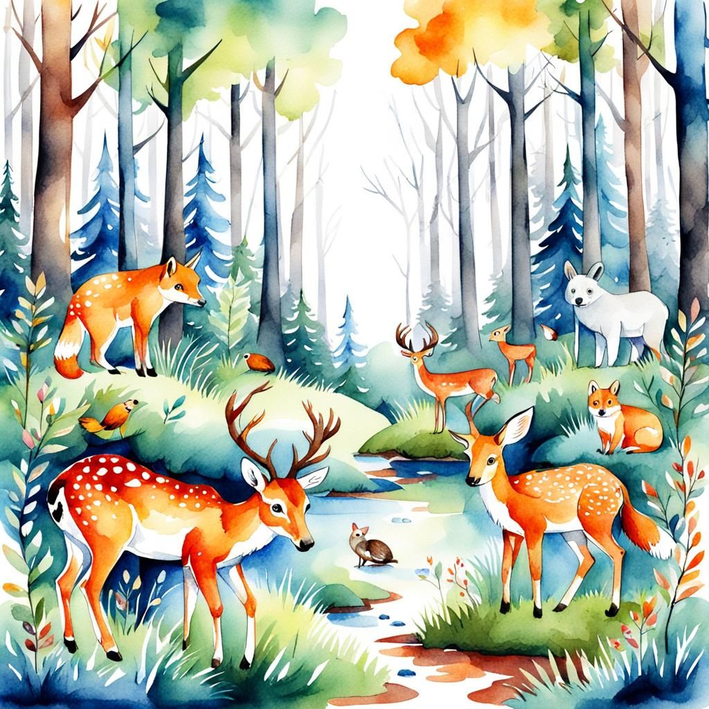 Watercolor Sketch Illustration of Forest Animals