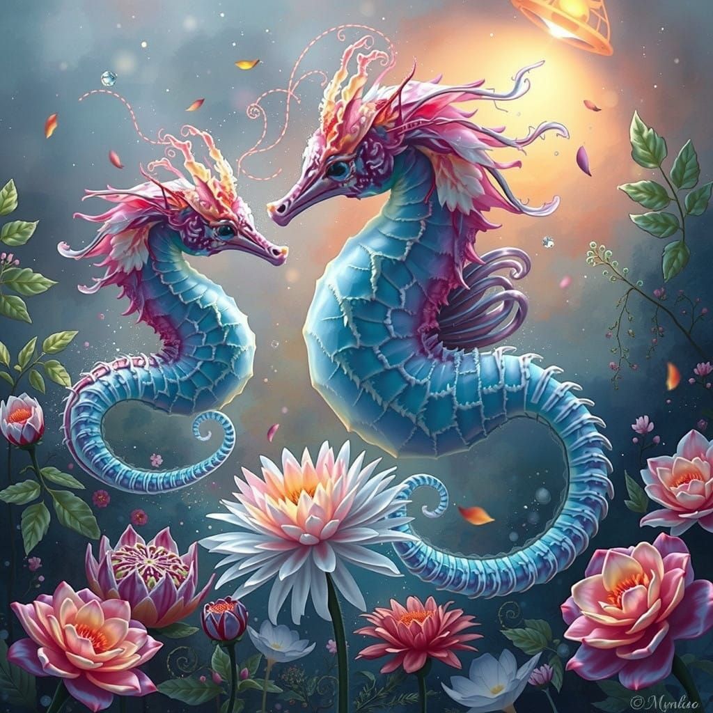 Whimsical Seahorse in a Vibrant Floral Wonderland