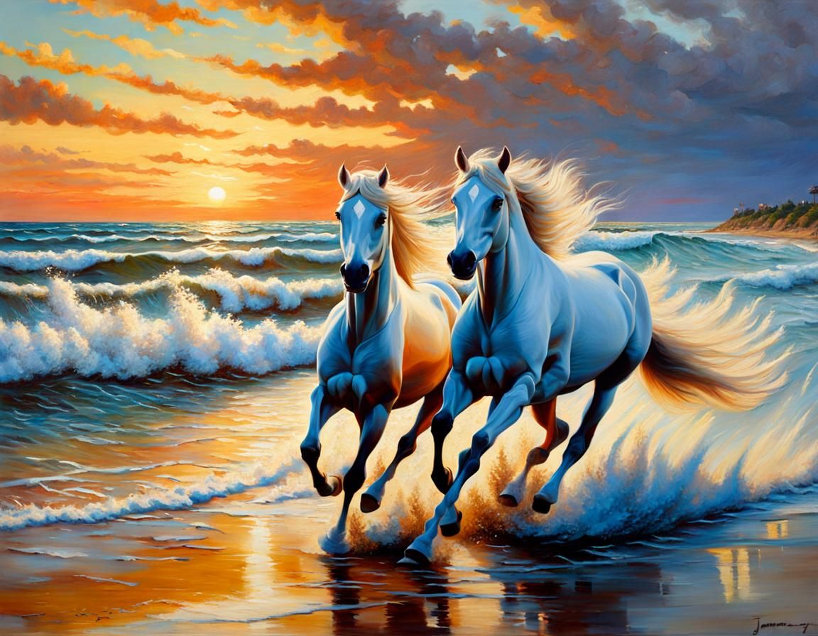 White Horses Gallop on Beach: Gurney-Inspired Oil Painting