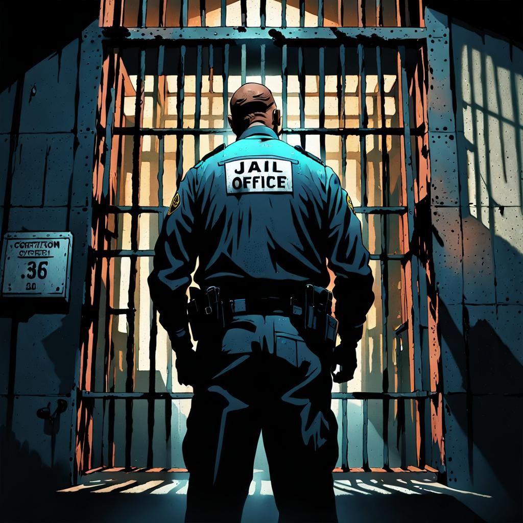 Gritty Jail Scene with Corrections Officer in Digital Painti...