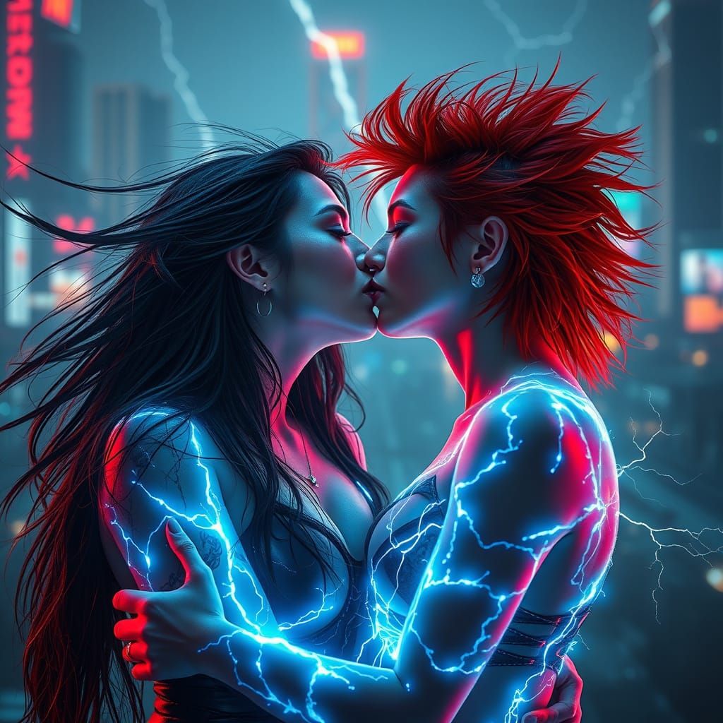 Cyberpunk Goddesses Unite in Electrifying Kiss