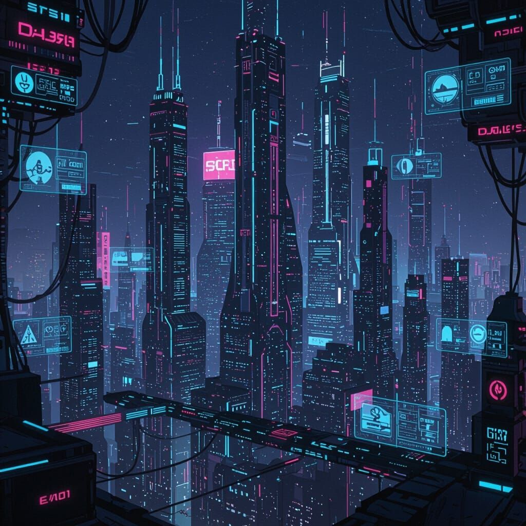 Futuristic Cyberpunk Cityscape with Interconnected Devices