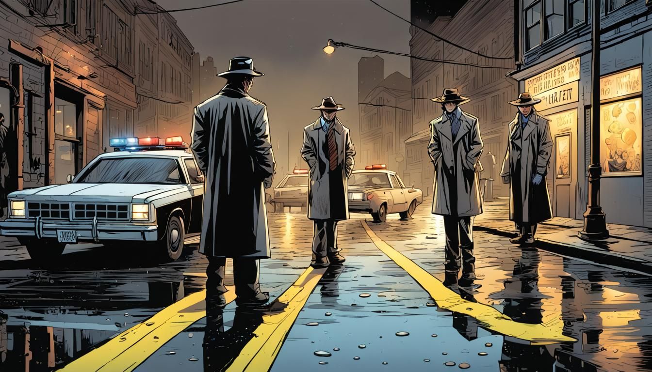 Noir Crime Scene Investigation in Comic Book Style