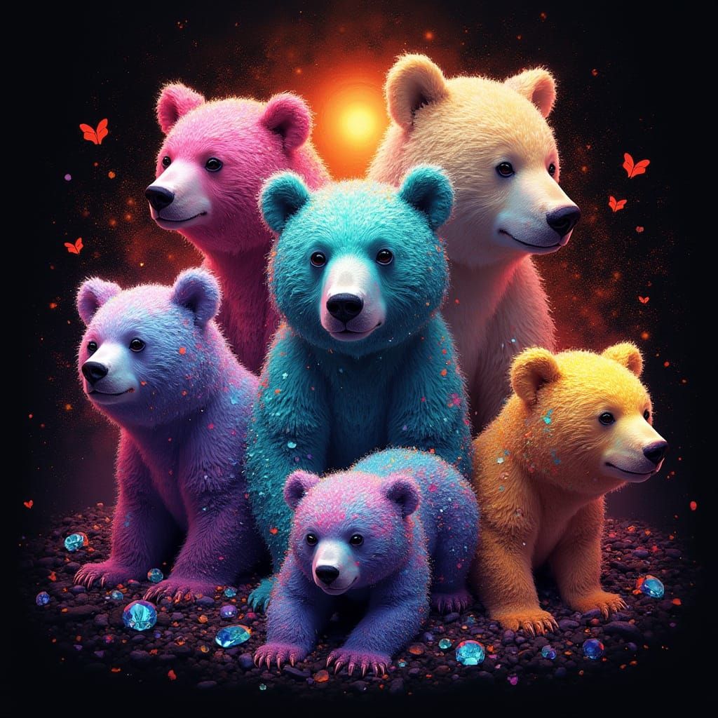 Surreal Bears in Glittering Jewels, Neon Hues and Gold Accen...