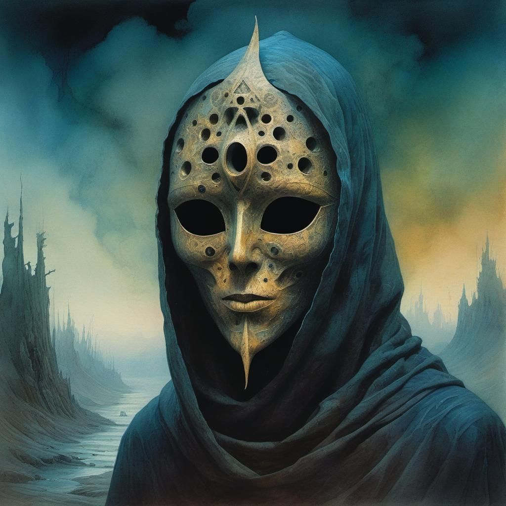 Occult Cultist in Vainglory Mask, Watercolor Art