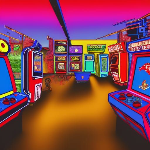 Neon-Lit 80s Video Arcade Scene
