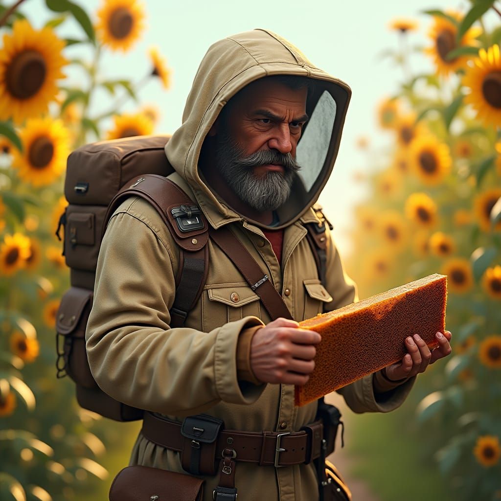 Grizzled Beekeeper in Vibrant Apiary: 3D Anime Art