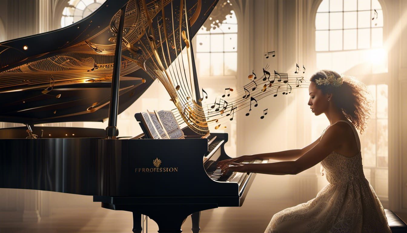 Woman, piano and flying notes.