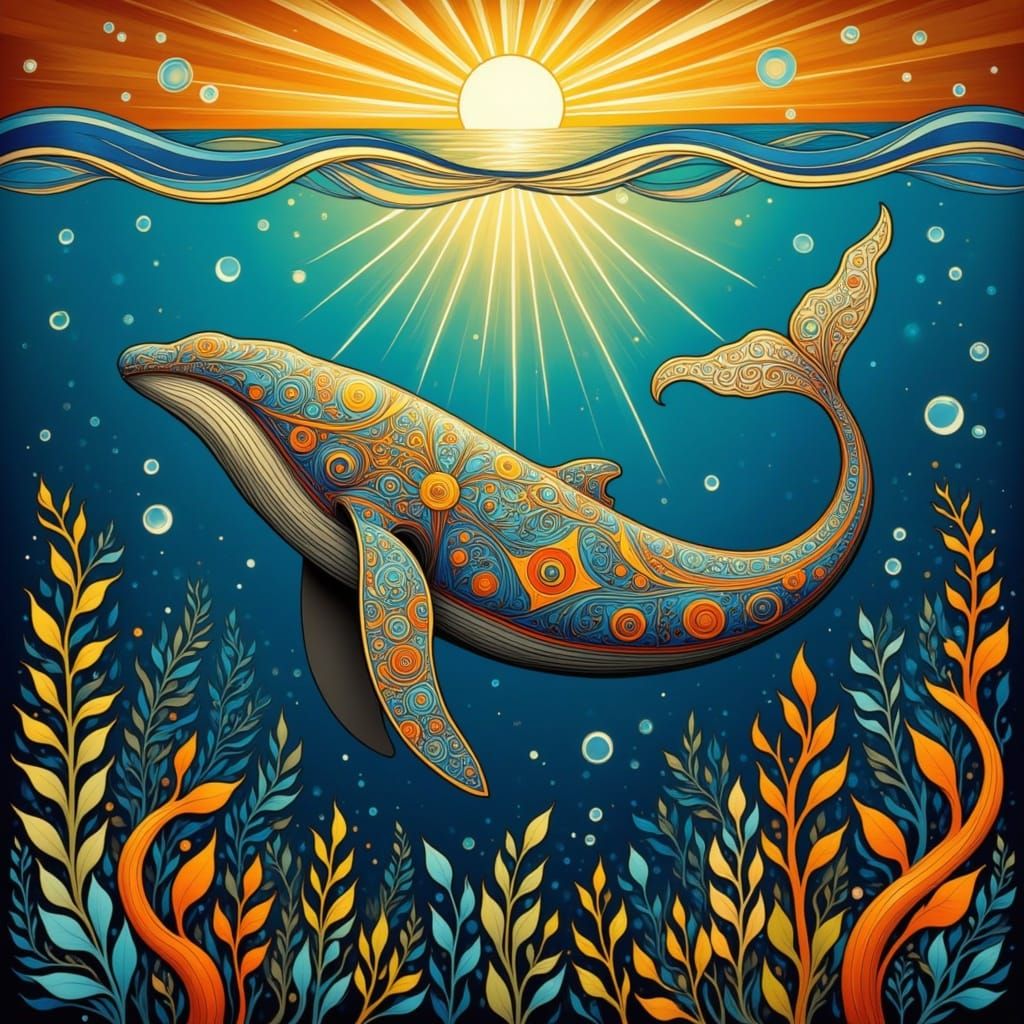 Whale in Sunlit Ocean with Folk Art Nouveau Designs