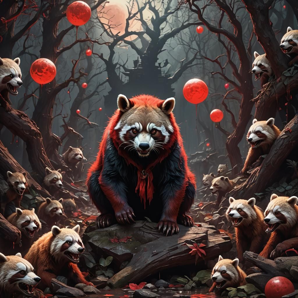 Red Wolf Panda Under Red Moon in Graffiti Art