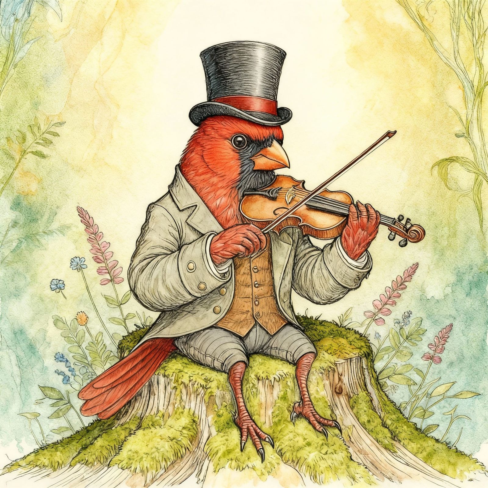 Whimsical Cardinal Playing Violin Illustration