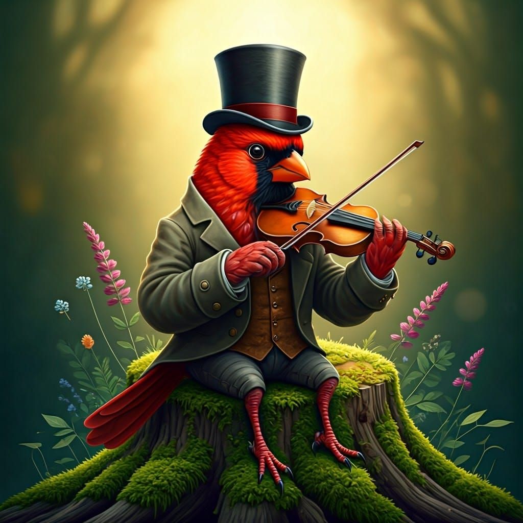 Whimsical Cardinal Violinist Illustration