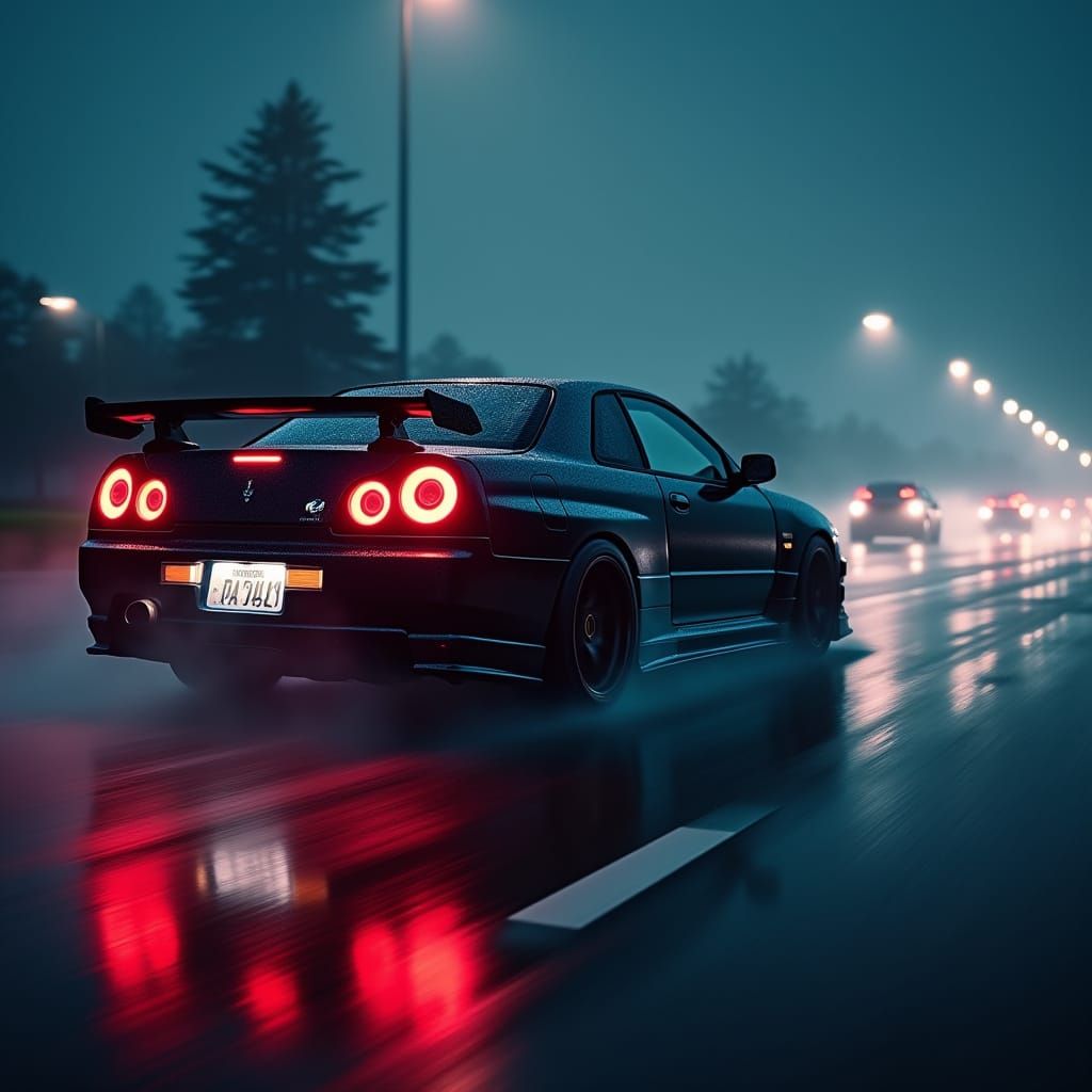 Sleek Nissan Skyline GT-R R34 on Rainy Highway